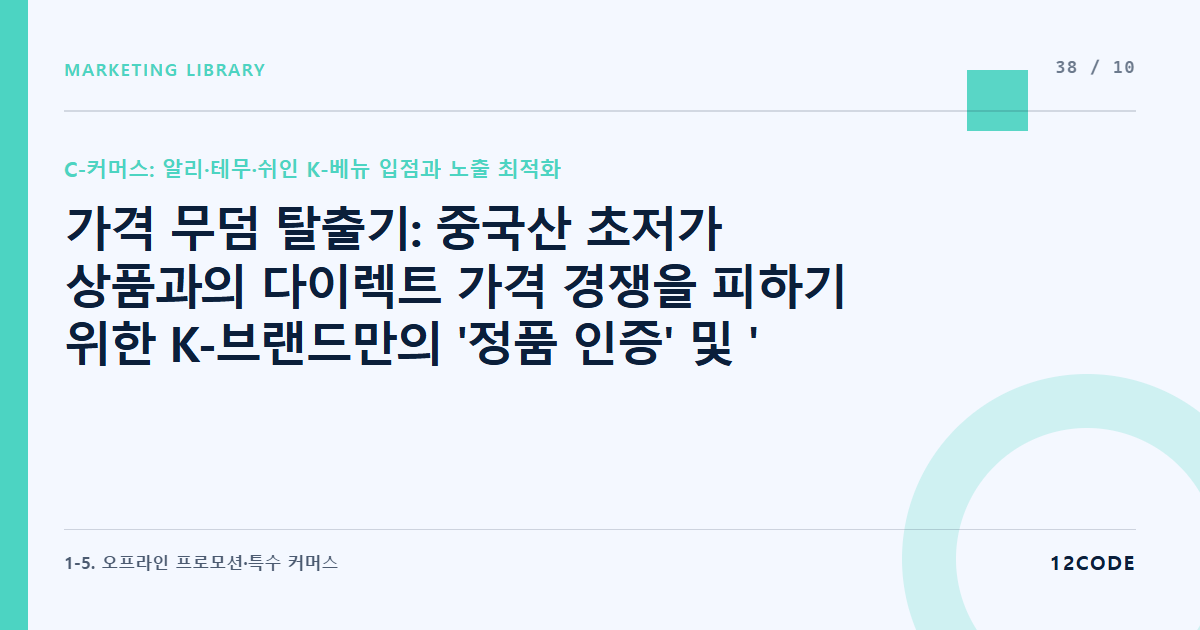 12code 라이브러리 아티클 표지. 가격 무덤 탈출기: 중국산 초저가 상품과의 다이렉트 가격 경쟁을 피하기 위한 K-브랜드만의 '정품 인증' 및 '품질 보증' 상세페이지 기획