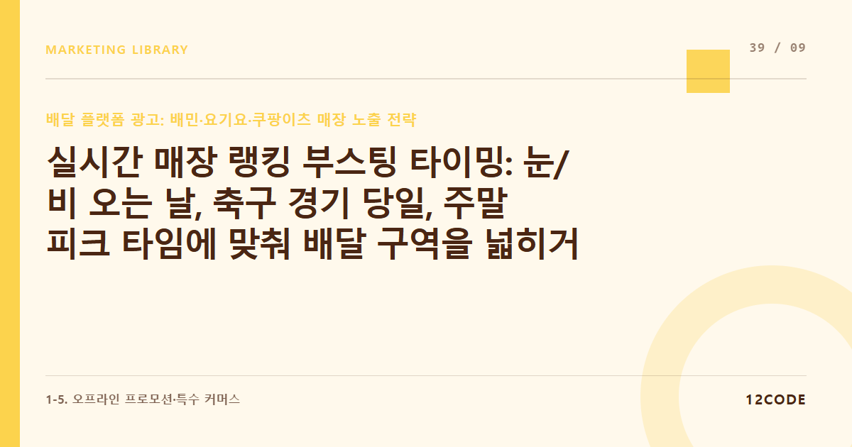 12code 라이브러리 아티클 표지. 실시간 매장 랭킹 부스팅 타이밍: 눈/비 오는 날, 축구 경기 당일, 주말 피크 타임에 맞춰 배달 구역을 넓히거나 플랫폼 전용 쿠폰 발행하기