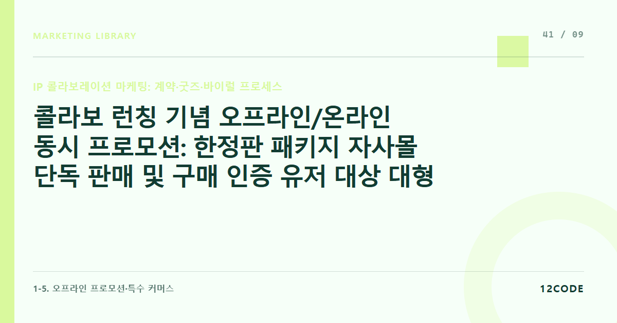12code 라이브러리 아티클 표지. 콜라보 런칭 기념 오프라인/온라인 동시 프로모션: 한정판 패키지 자사몰 단독 판매 및 구매 인증 유저 대상 대형 경품 이벤트 구조화