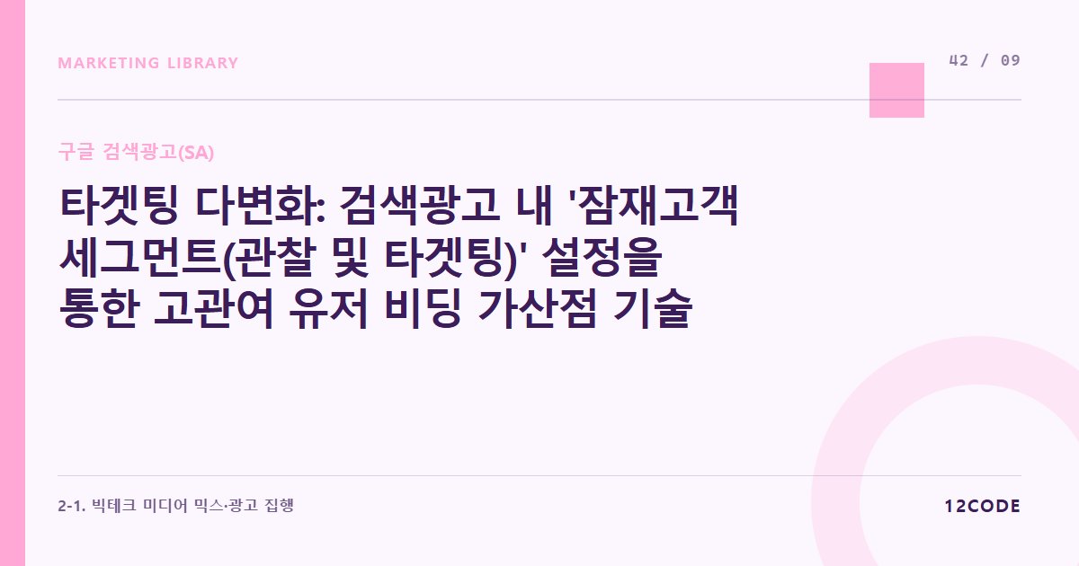 12code 라이브러리 아티클 표지. 타겟팅 다변화: 검색광고 내 '잠재고객 세그먼트(관찰 및 타겟팅)' 설정을 통한 고관여 유저 비딩 가산점 기술