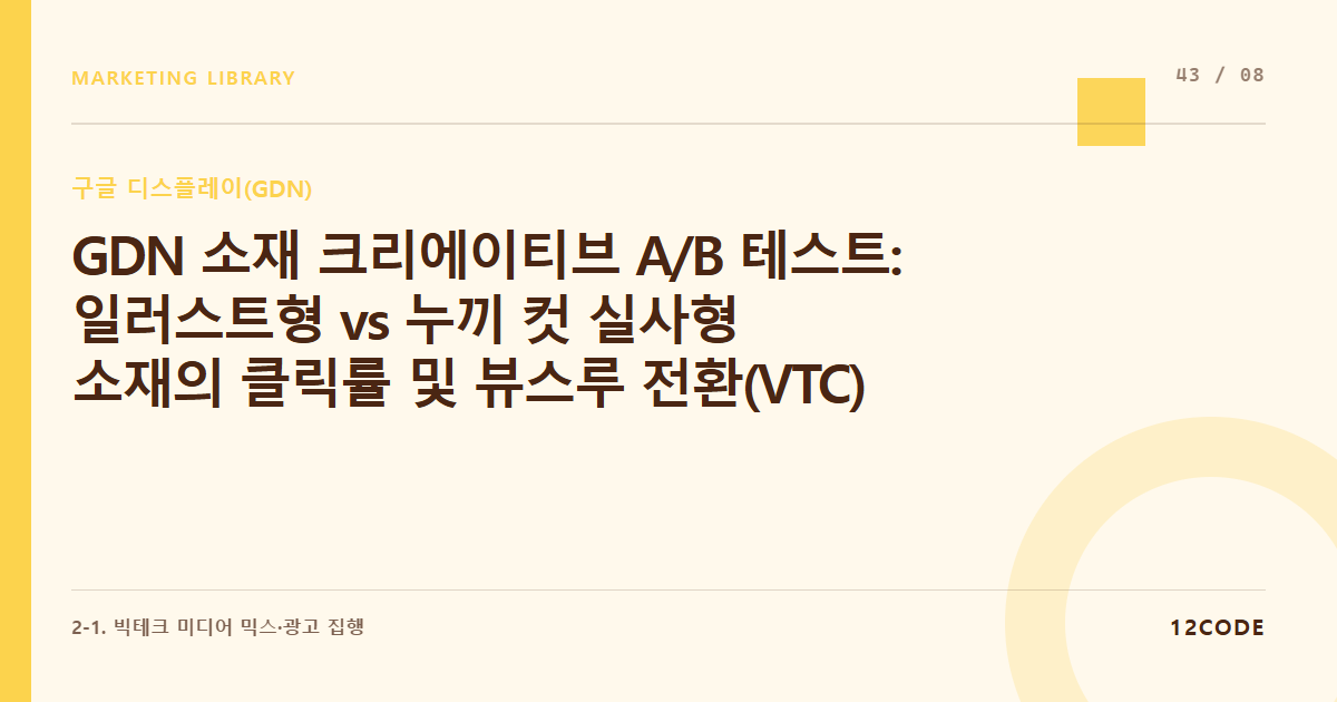12code 라이브러리 아티클 표지. GDN 소재 크리에이티브 A/B 테스트: 일러스트형 vs 누끼 컷 실사형 소재의 클릭률 및 뷰스루 전환(VTC) 비교