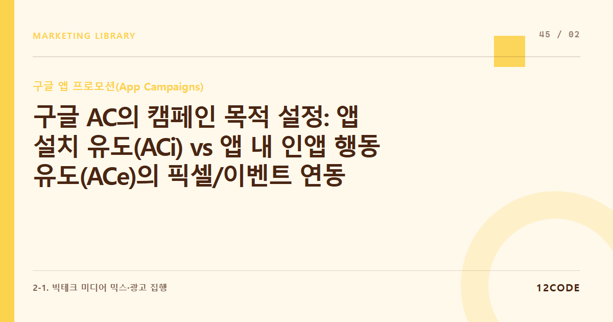 12code 라이브러리 아티클 표지. 구글 AC의 캠페인 목적 설정: 앱 설치 유도(ACi) vs 앱 내 인앱 행동 유도(ACe)의 픽셀/이벤트 연동 기준