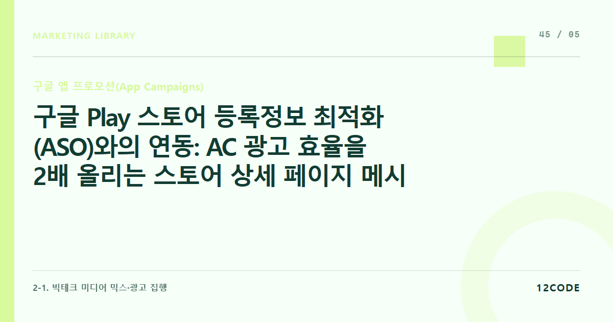 12code 라이브러리 아티클 표지. 구글 Play 스토어 등록정보 최적화(ASO)와의 연동: AC 광고 효율을 2배 올리는 스토어 상세 페이지 메시지 매치
