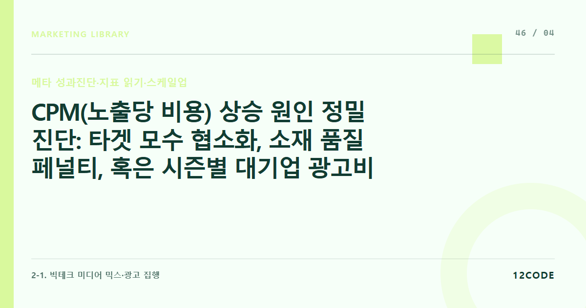 12code 라이브러리 아티클 표지. CPM(노출당 비용) 상승 원인 정밀 진단: 타겟 모수 협소화, 소재 품질 페널티, 혹은 시즌별 대기업 광고비 몰림 현상 분석