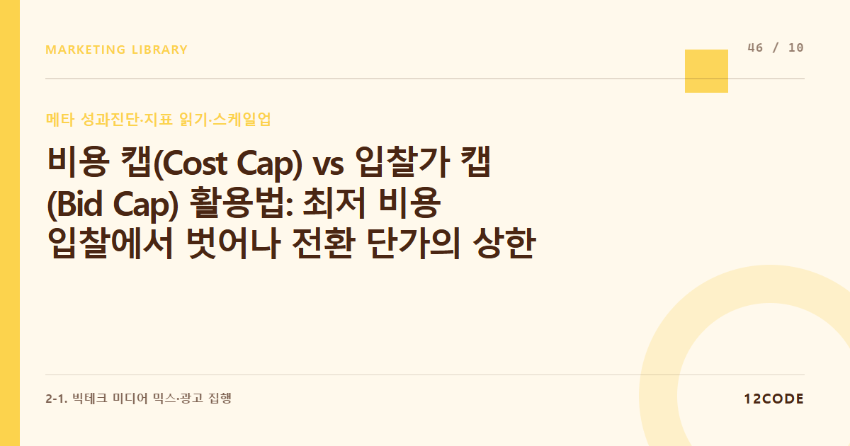 12code 라이브러리 아티클 표지. 비용 캡(Cost Cap) vs 입찰가 캡(Bid Cap) 활용법: 최저 비용 입찰에서 벗어나 전환 단가의 상한선을 통제하는 고급 세팅