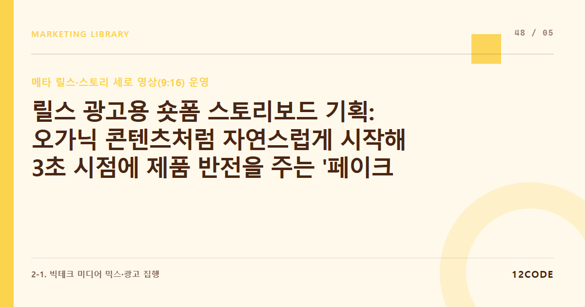 12code 라이브러리 아티클 표지. 릴스 광고용 숏폼 스토리보드 기획: 오가닉 콘텐츠처럼 자연스럽게 시작해 3초 시점에 제품 반전을 주는 '페이크 오가닉' 연출 콘티