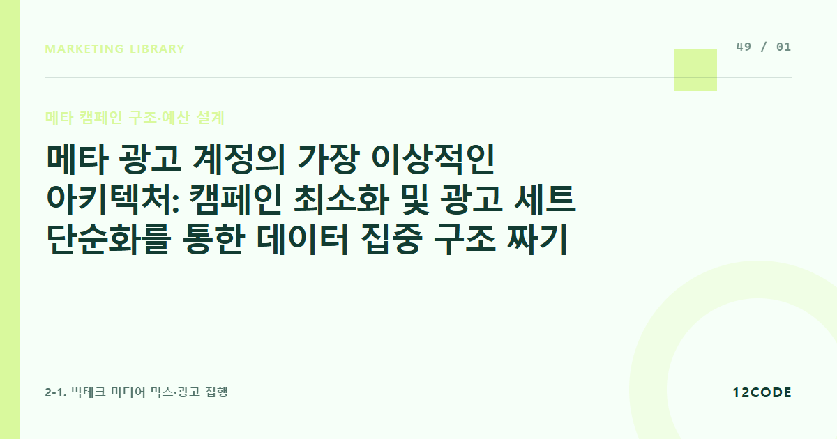 12code 라이브러리 아티클 표지. 메타 광고 계정의 가장 이상적인 아키텍처: 캠페인 최소화 및 광고 세트 단순화를 통한 데이터 집중 구조 짜기