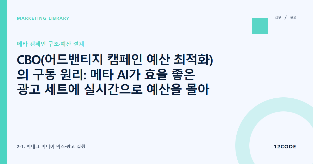 12code 라이브러리 아티클 표지. CBO(어드밴티지 캠페인 예산 최적화)의 구동 원리: 메타 AI가 효율 좋은 광고 세트에 실시간으로 예산을 몰아주는 매커니즘