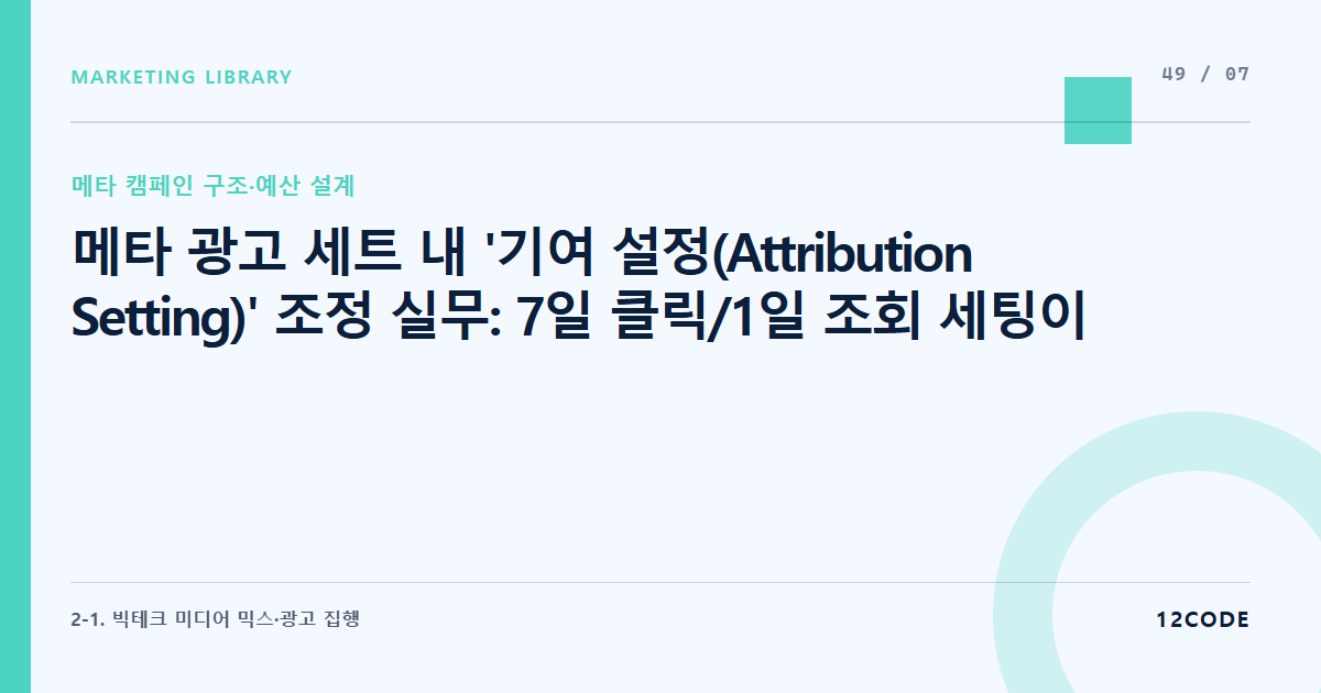 12code 라이브러리 아티클 표지. 메타 광고 세트 내 '기여 설정(Attribution Setting)' 조정 실무: 7일 클릭/1일 조회 세팅이 머신러닝 학습 속도에 미치는 영향