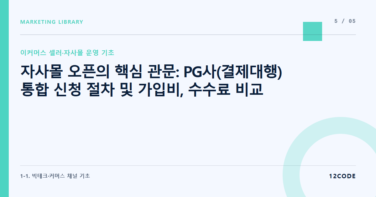 12code 라이브러리 아티클 표지. 자사몰 오픈의 핵심 관문: PG사(결제대행) 통합 신청 절차 및 가입비, 수수료 비교