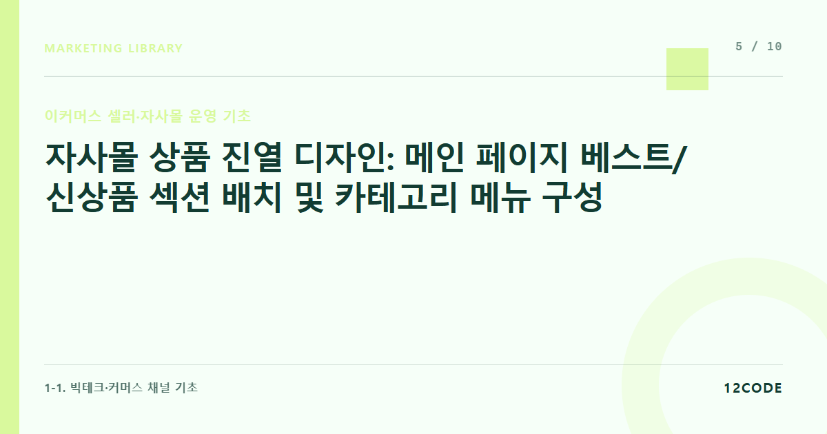 12code 라이브러리 아티클 표지. 자사몰 상품 진열 디자인: 메인 페이지 베스트/신상품 섹션 배치 및 카테고리 메뉴 구성