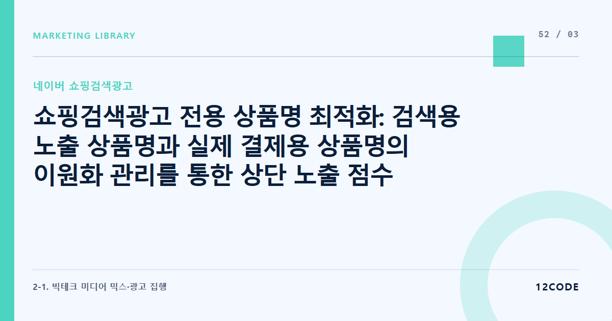 12code 라이브러리 아티클 표지. 쇼핑검색광고 전용 상품명 최적화: 검색용 노출 상품명과 실제 결제용 상품명의 이원화 관리를 통한 상단 노출 점수 획득