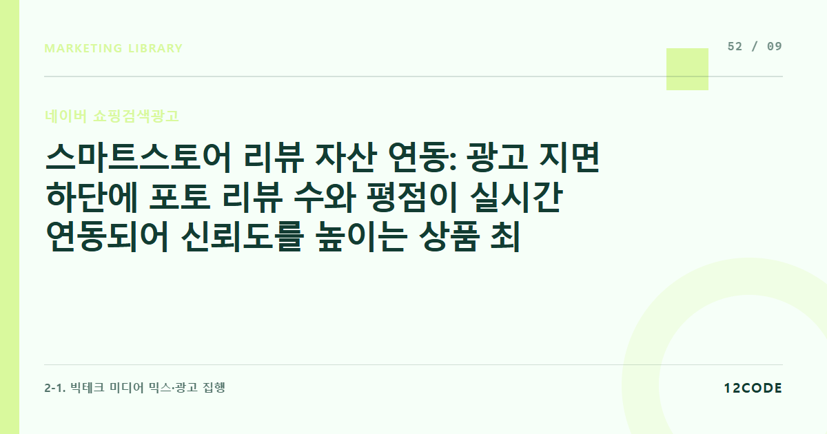 12code 라이브러리 아티클 표지. 스마트스토어 리뷰 자산 연동: 광고 지면 하단에 포토 리뷰 수와 평점이 실시간 연동되어 신뢰도를 높이는 상품 최적화 조건