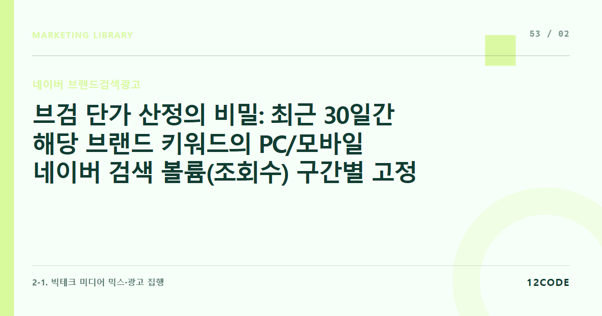12code 라이브러리 아티클 표지. 브검 단가 산정의 비밀: 최근 30일간 해당 브랜드 키워드의 PC/모바일 네이버 검색 볼륨(조회수) 구간별 고정 광고비 단가표 해부