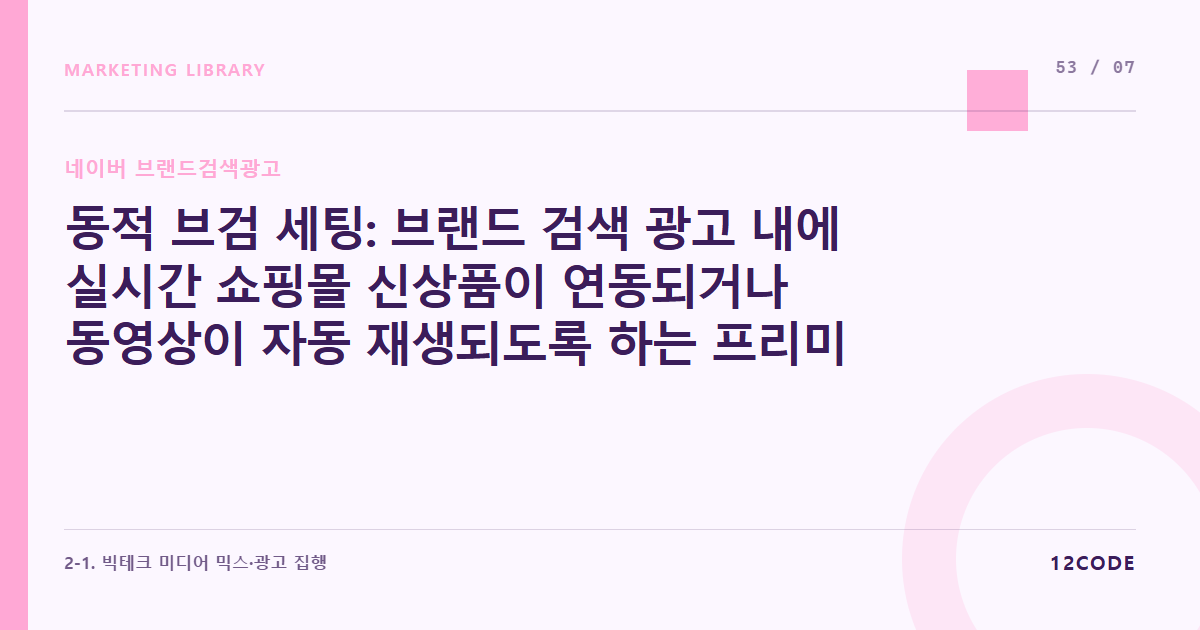 12code 라이브러리 아티클 표지. 동적 브검 세팅: 브랜드 검색 광고 내에 실시간 쇼핑몰 신상품이 연동되거나 동영상이 자동 재생되도록 하는 프리미엄 세팅
