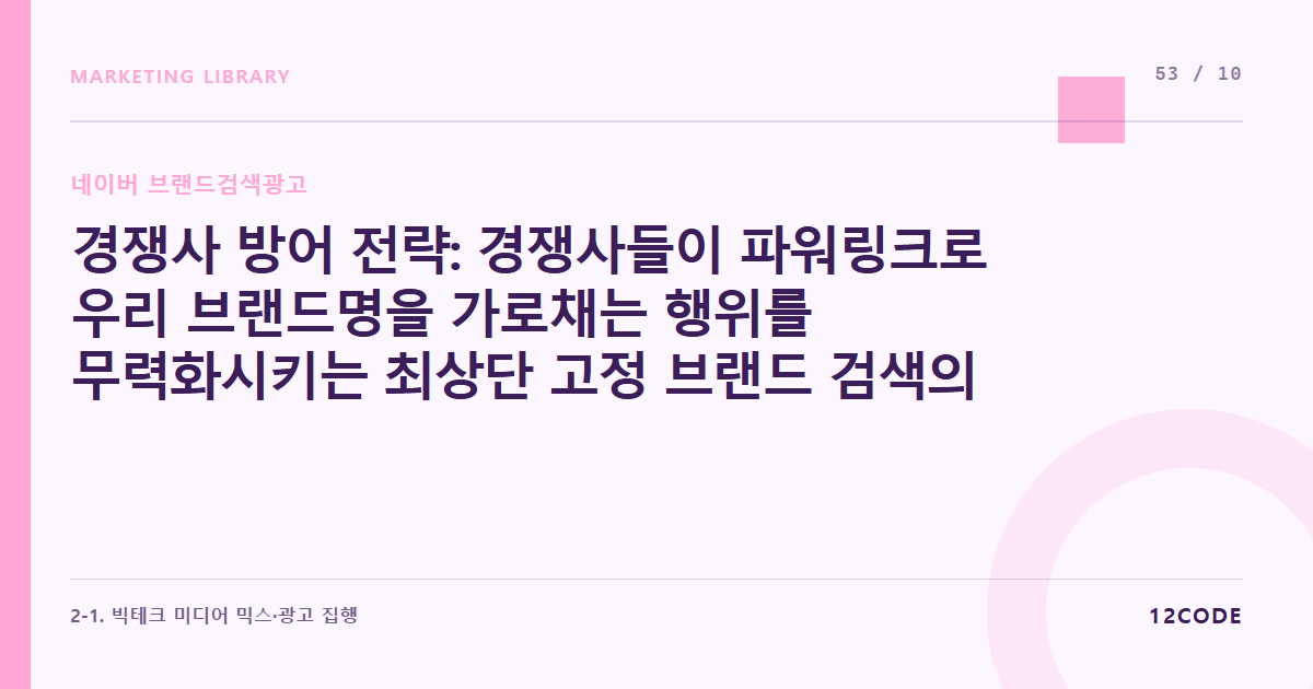 12code 라이브러리 아티클 표지. 경쟁사 방어 전략: 경쟁사들이 파워링크로 우리 브랜드명을 가로채는 행위를 무력화시키는 최상단 고정 브랜드 검색의 위력 활용