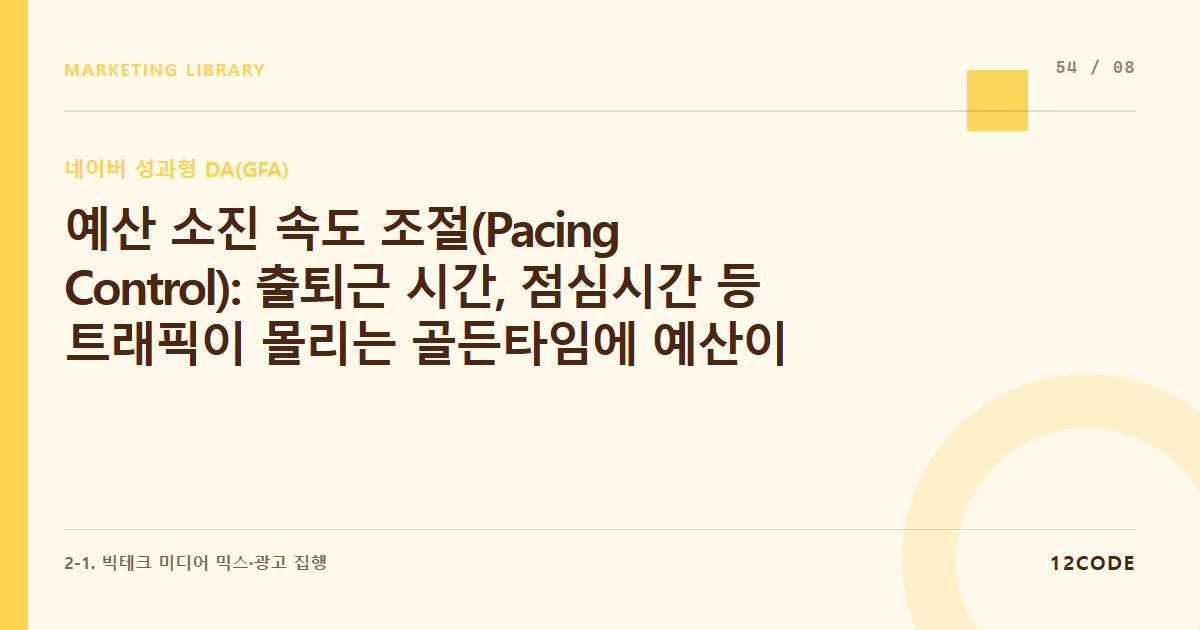 12code 라이브러리 아티클 표지. 예산 소진 속도 조절(Pacing Control): 출퇴근 시간, 점심시간 등 트래픽이 몰리는 골든타임에 예산이 순식간에 다 털리는 현상 방어 비딩