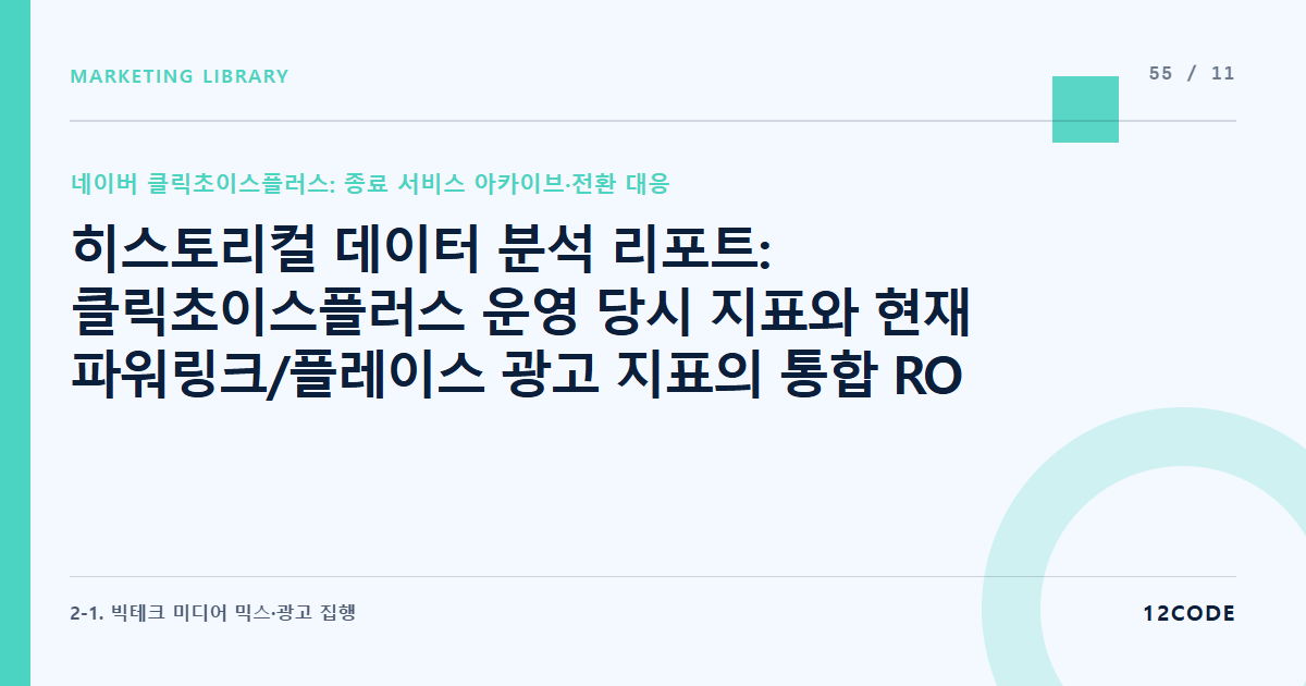 12code 라이브러리 아티클 표지. 히스토리컬 데이터 분석 리포트: 클릭초이스플러스 운영 당시 지표와 현재 파워링크/플레이스 광고 지표의 통합 ROI 비교 분석