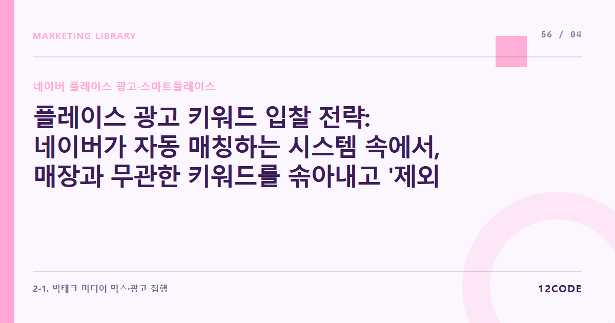 12code 라이브러리 아티클 표지. 플레이스 광고 키워드 입찰 전략: 네이버가 자동 매칭하는 시스템 속에서, 매장과 무관한 키워드를 솎아내고 '제외 키워드' 설정하는 법