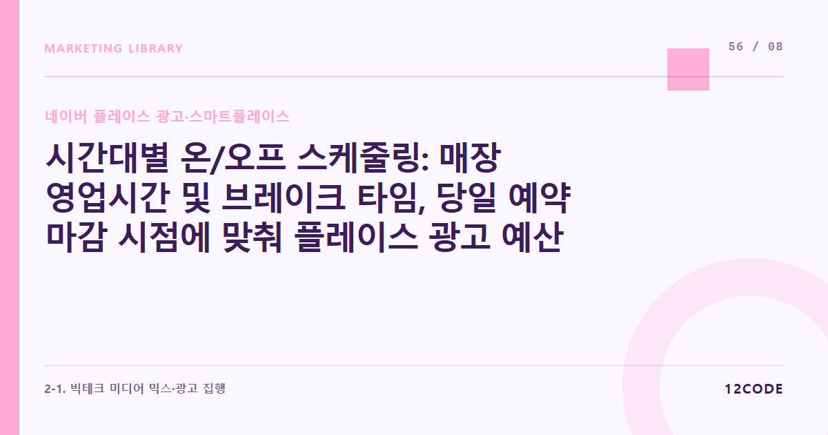 12code 라이브러리 아티클 표지. 시간대별 온/오프 스케줄링: 매장 영업시간 및 브레이크 타임, 당일 예약 마감 시점에 맞춰 플레이스 광고 예산 소진 제어 자동화