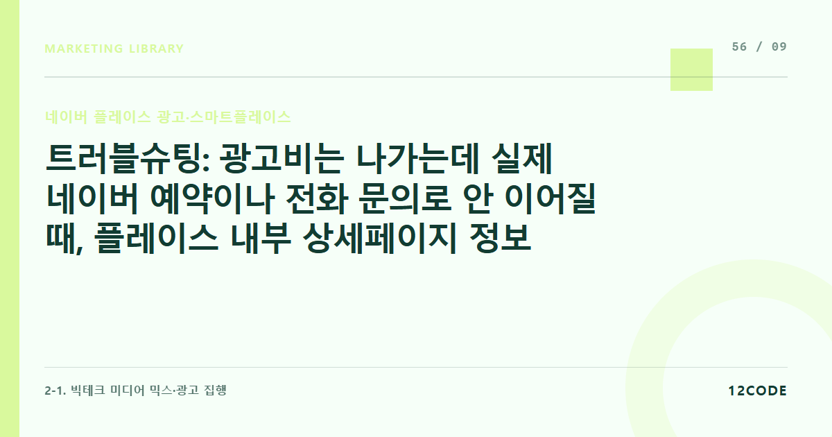12code 라이브러리 아티클 표지. 트러블슈팅: 광고비는 나가는데 실제 네이버 예약이나 전화 문의로 안 이어질 때, 플레이스 내부 상세페이지 정보 부실 진단 및 수정