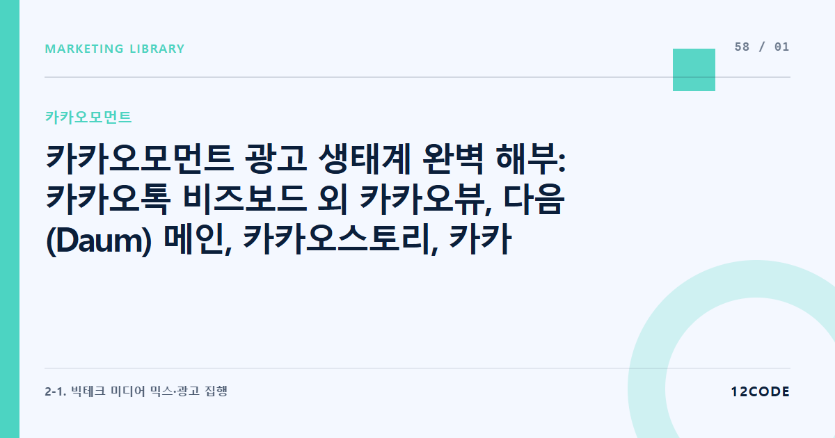 12code 라이브러리 아티클 표지. 카카오모먼트 광고 생태계 완벽 해부: 카카오톡 비즈보드 외 카카오뷰, 다음(Daum) 메인, 카카오스토리, 카카오페이지 노출 지면 이해