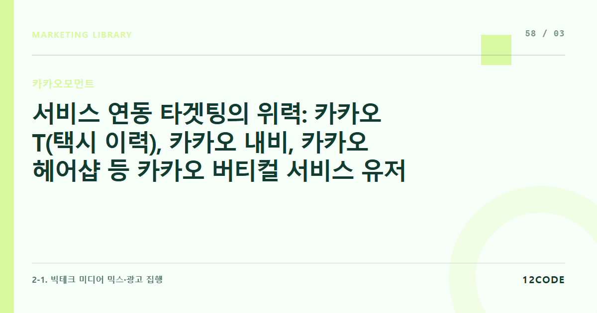 12code 라이브러리 아티클 표지. 서비스 연동 타겟팅의 위력: 카카오 T(택시 이력), 카카오 내비, 카카오 헤어샵 등 카카오 버티컬 서비스 유저 데이터 활용 타겟팅