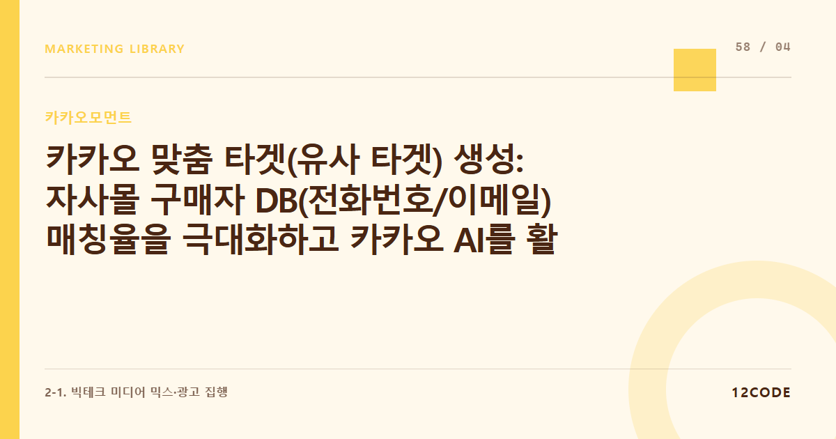 12code 라이브러리 아티클 표지. 카카오 맞춤 타겟(유사 타겟) 생성: 자사몰 구매자 DB(전화번호/이메일) 매칭율을 극대화하고 카카오 AI를 활용해 1%~10% 유사 오디언스 확장