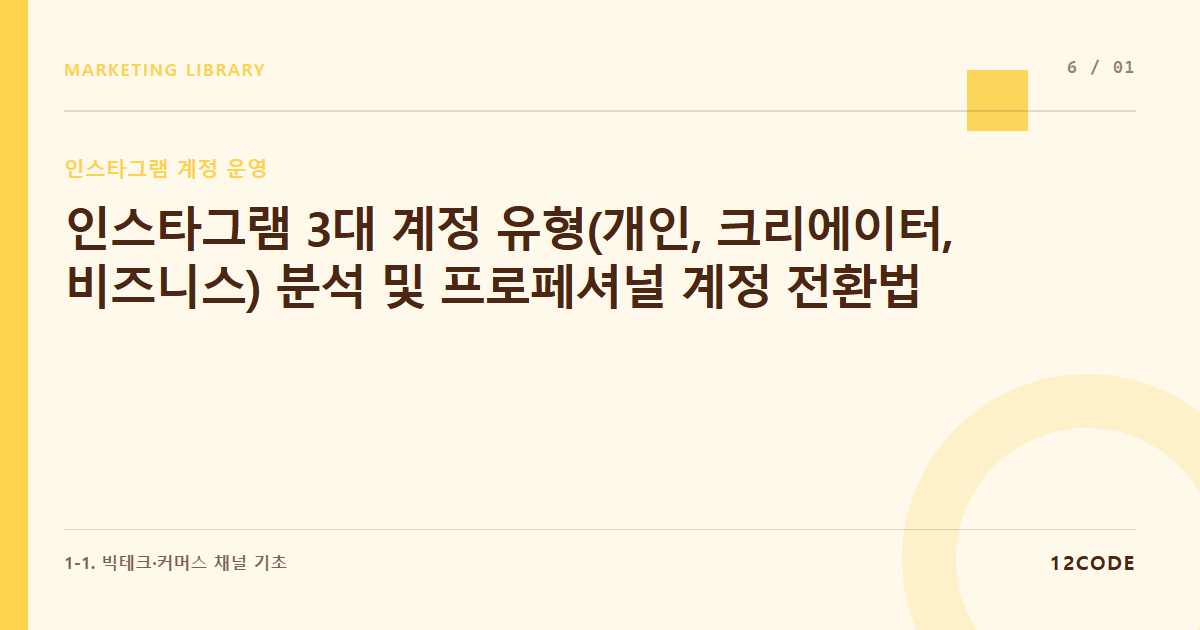 12code 라이브러리 아티클 표지. 인스타그램 3대 계정 유형(개인, 크리에이터, 비즈니스) 분석 및 프로페셔널 계정 전환법