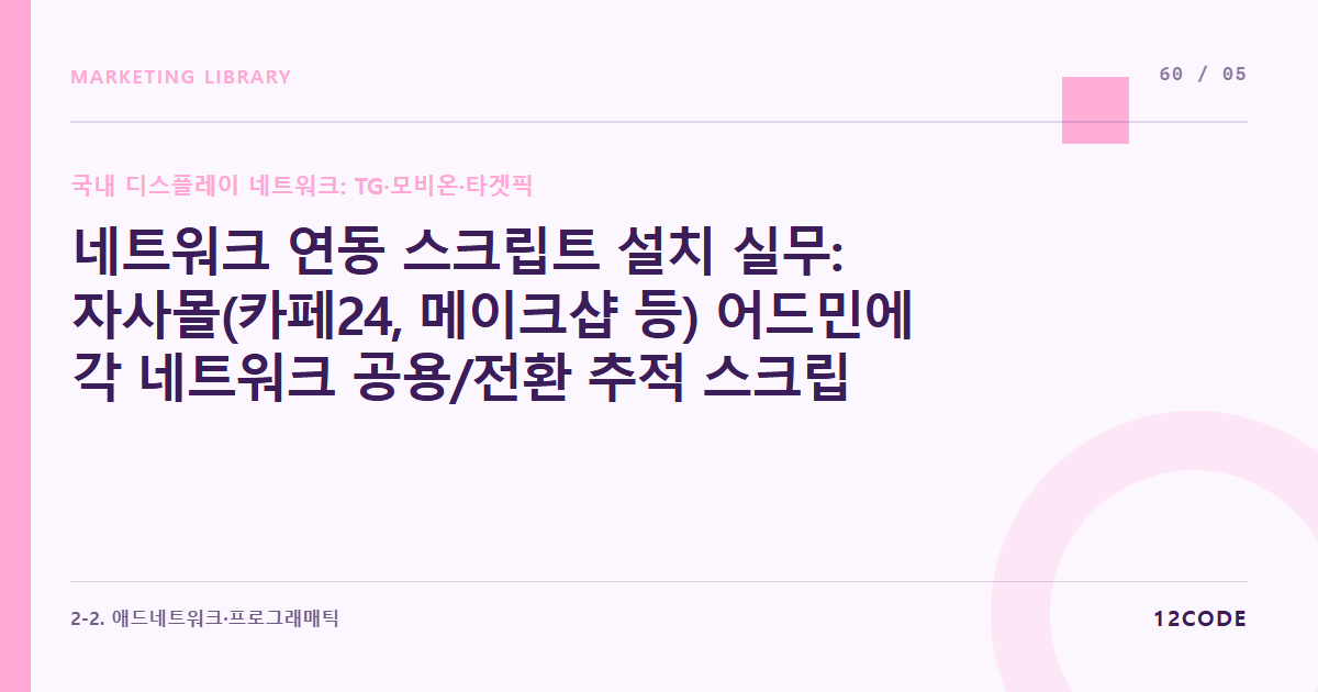 12code 라이브러리 아티클 표지. 네트워크 연동 스크립트 설치 실무: 자사몰(카페24, 메이크샵 등) 어드민에 각 네트워크 공용/전환 추적 스크립트 에러 없이 삽입하기