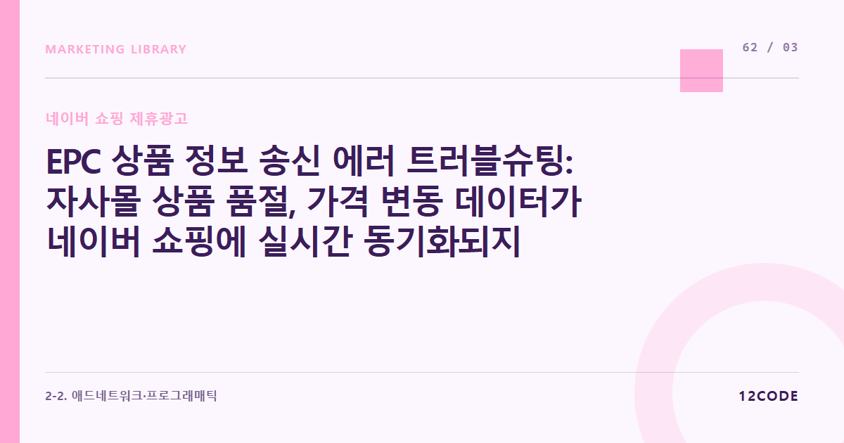 12code 라이브러리 아티클 표지. EPC 상품 정보 송신 에러 트러블슈팅: 자사몰 상품 품절, 가격 변동 데이터가 네이버 쇼핑에 실시간 동기화되지 않고 누락되는 현상 해결