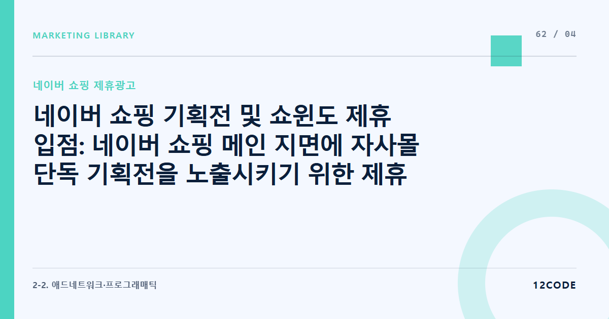 12code 라이브러리 아티클 표지. 네이버 쇼핑 기획전 및 쇼윈도 제휴 입점: 네이버 쇼핑 메인 지면에 자사몰 단독 기획전을 노출시키기 위한 제휴 제안서 양식 및 심사 기준