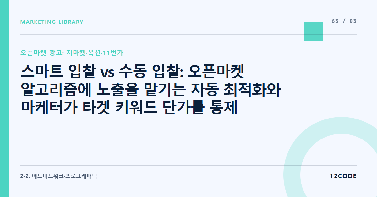 12code 라이브러리 아티클 표지. 스마트 입찰 vs 수동 입찰: 오픈마켓 알고리즘에 노출을 맡기는 자동 최적화와 마케터가 타겟 키워드 단가를 통제하는 수동 비딩 비교