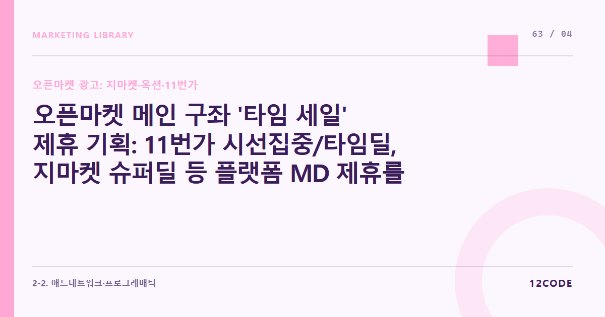 12code 라이브러리 아티클 표지. 오픈마켓 메인 구좌 '타임 세일' 제휴 기획: 11번가 시선집중/타임딜, 지마켓 슈퍼딜 등 플랫폼 MD 제휴를 통한 대량 유입 광고 제안서 작성