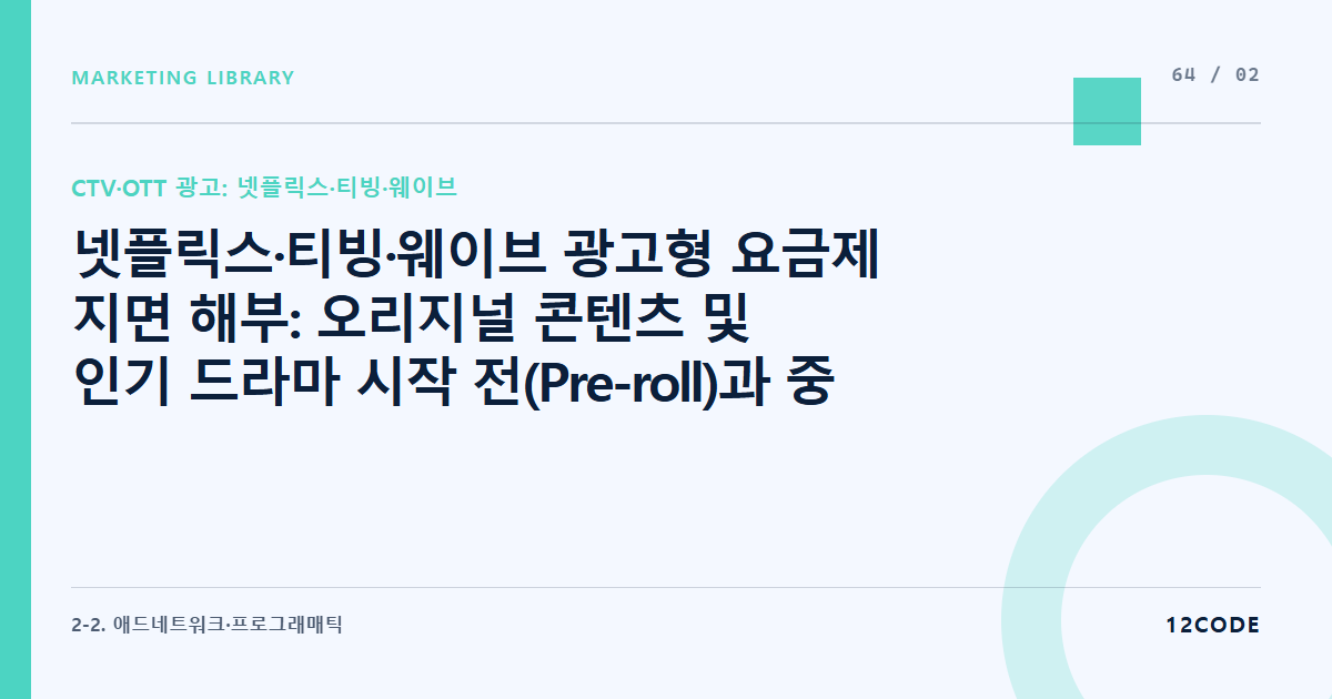 12code 라이브러리 아티클 표지. 넷플릭스·티빙·웨이브 광고형 요금제 지면 해부: 오리지널 콘텐츠 및 인기 드라마 시작 전(Pre-roll)과 중간(Mid-roll) 비스킵 영상 과금 구조