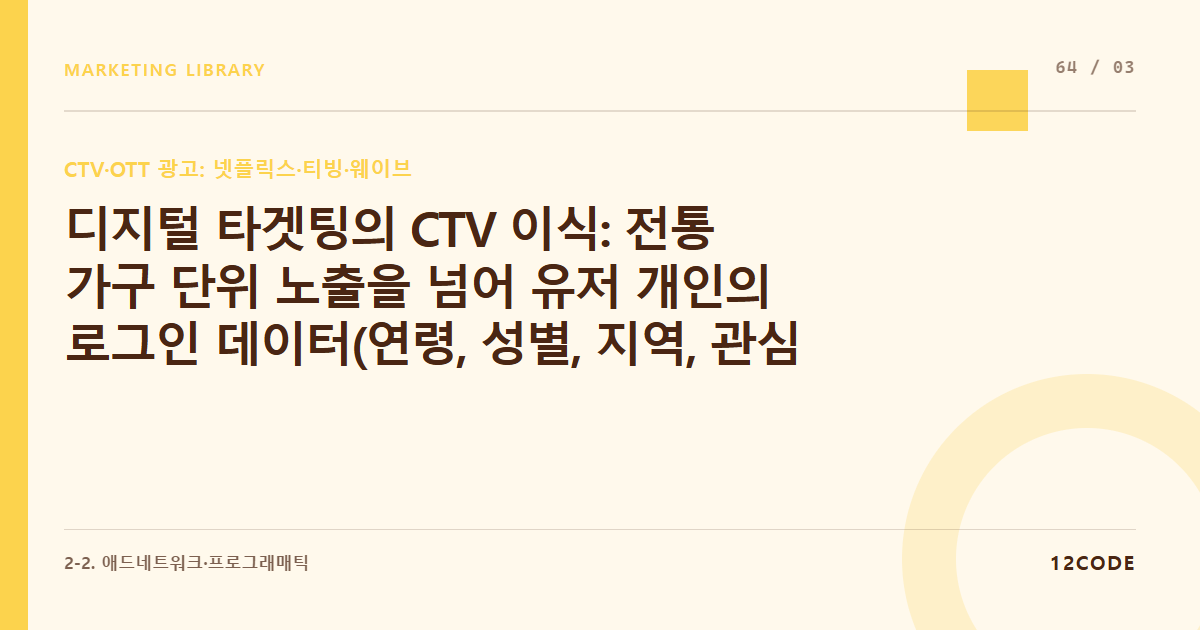 12code 라이브러리 아티클 표지. 디지털 타겟팅의 CTV 이식: 전통 가구 단위 노출을 넘어 유저 개인의 로그인 데이터(연령, 성별, 지역, 관심 장르) 기반 맞춤 노출 세팅