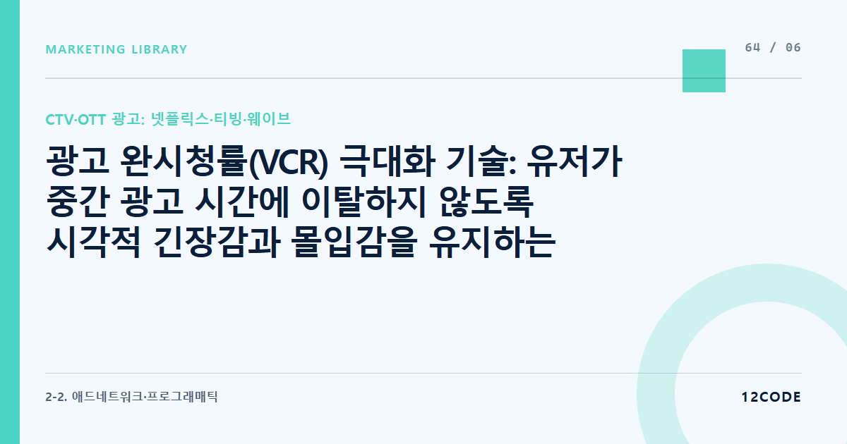 12code 라이브러리 아티클 표지. 광고 완시청률(VCR) 극대화 기술: 유저가 중간 광고 시간에 이탈하지 않도록 시각적 긴장감과 몰입감을 유지하는 1530 크리에이티브 문법