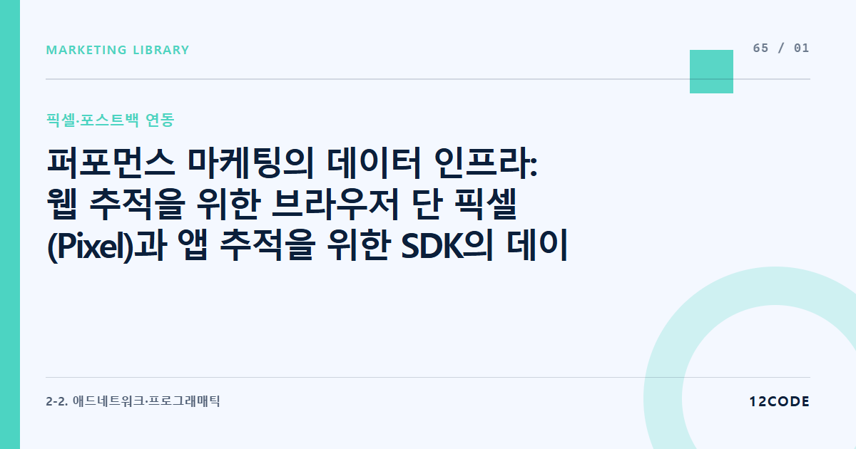 12code 라이브러리 아티클 표지. 퍼포먼스 마케팅의 데이터 인프라: 웹 추적을 위한 브라우저 단 픽셀(Pixel)과 앱 추적을 위한 SDK의 데이터 수집 매커니즘 차이 이해