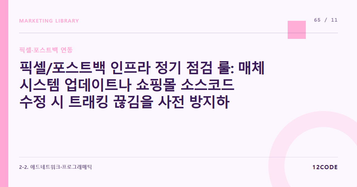 12code 라이브러리 아티클 표지. 픽셀/포스트백 인프라 정기 점검 룰: 매체 시스템 업데이트나 쇼핑몰 소스코드 수정 시 트래킹 끊김을 사전 방지하는 주간 데이터 검수 프로토콜