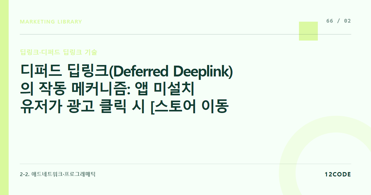 12code 라이브러리 아티클 표지. 디퍼드 딥링크(Deferred Deeplink)의 작동 메커니즘: 앱 미설치 유저가 광고 클릭 시 [스토어 이동 -> 설치 -> 실행] 후 처음 보려던 상품 페이지로 유실 없이 꽂아주는 원리