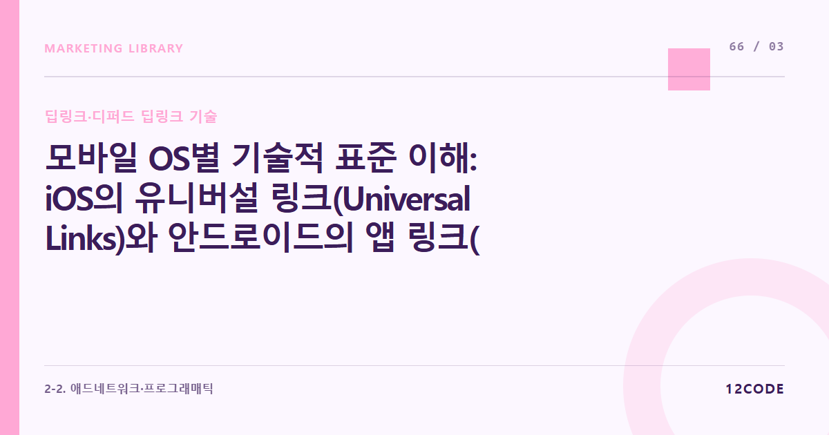 12code 라이브러리 아티클 표지. 모바일 OS별 기술적 표준 이해: iOS의 유니버설 링크(Universal Links)와 안드로이드의 앱 링크(App Links)의 차이점과 작동 룰