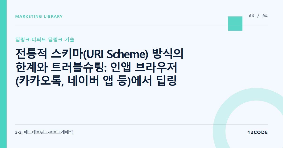 12code 라이브러리 아티클 표지. 전통적 스키마(URI Scheme) 방식의 한계와 트러블슈팅: 인앱 브라우저(카카오톡, 네이버 앱 등)에서 딥링크 작동 시 "주소가 올바르지 않습니다" 오류 우회 기술