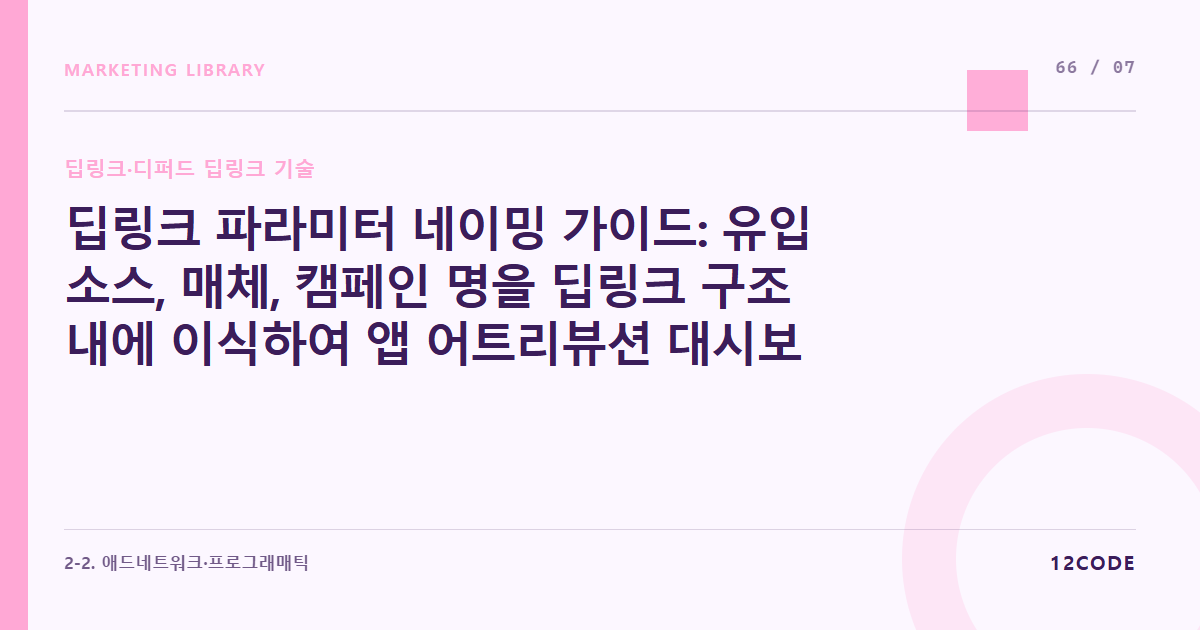 12code 라이브러리 아티클 표지. 딥링크 파라미터 네이밍 가이드: 유입 소스, 매체, 캠페인 명을 딥링크 구조 내에 이식하여 앱 어트리뷰션 대시보드에서 깨지지 않게 보는 규칙