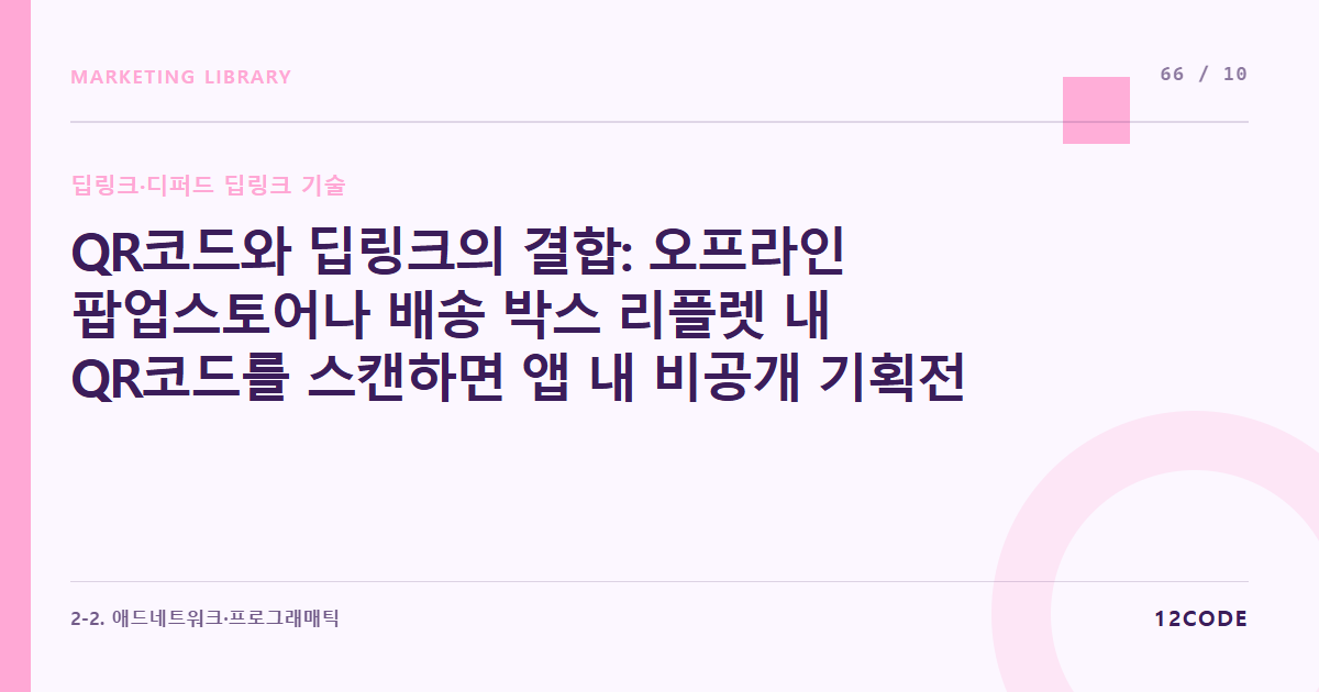 12code 라이브러리 아티클 표지. QR코드와 딥링크의 결합: 오프라인 팝업스토어나 배송 박스 리플렛 내 QR코드를 스캔하면 앱 내 비공개 기획전 탭으로 바로 연결되는 로컬 연동