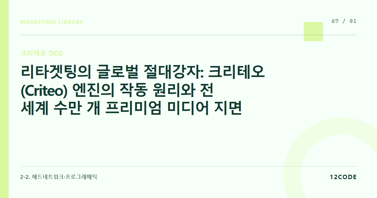 12code 라이브러리 아티클 표지. 리타겟팅의 글로벌 절대강자: 크리테오(Criteo) 엔진의 작동 원리와 전 세계 수만 개 프리미엄 미디어 지면 네트워크의 도달 범위