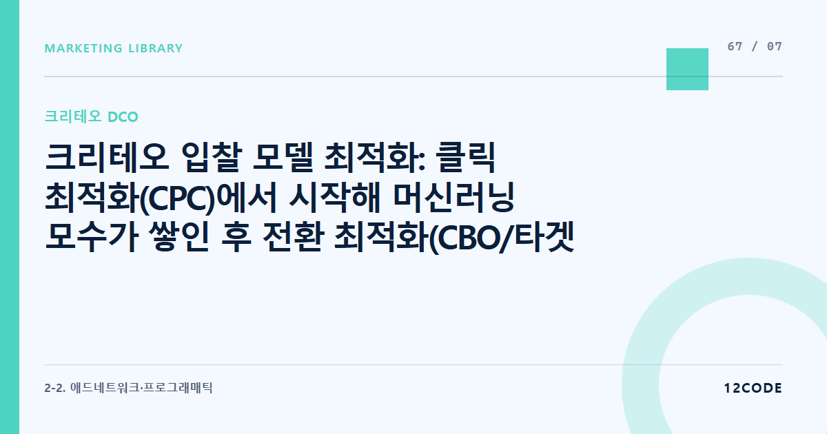 12code 라이브러리 아티클 표지. 크리테오 입찰 모델 최적화: 클릭 최적화(CPC)에서 시작해 머신러닝 모수가 쌓인 후 전환 최적화(CBO/타겟 COS) 전략으로 전환하는 골든타임