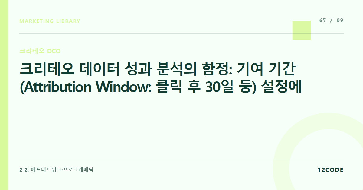 12code 라이브러리 아티클 표지. 크리테오 데이터 성과 분석의 함정: 기여 기간(Attribution Window: 클릭 후 30일 등) 설정에 따른 메타/구글 광고와의 전환 중복 집계 발라내기