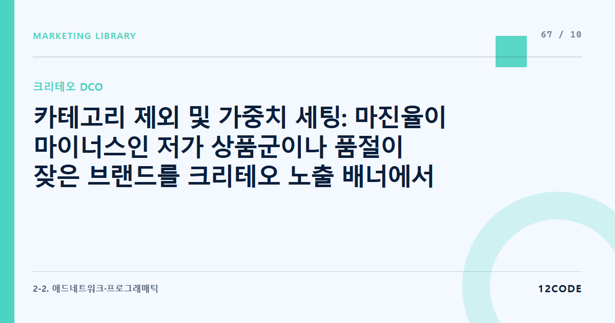 12code 라이브러리 아티클 표지. 카테고리 제외 및 가중치 세팅: 마진율이 마이너스인 저가 상품군이나 품절이 잦은 브랜드를 크리테오 노출 배너에서 원천 제외시키는 룰셋 구축