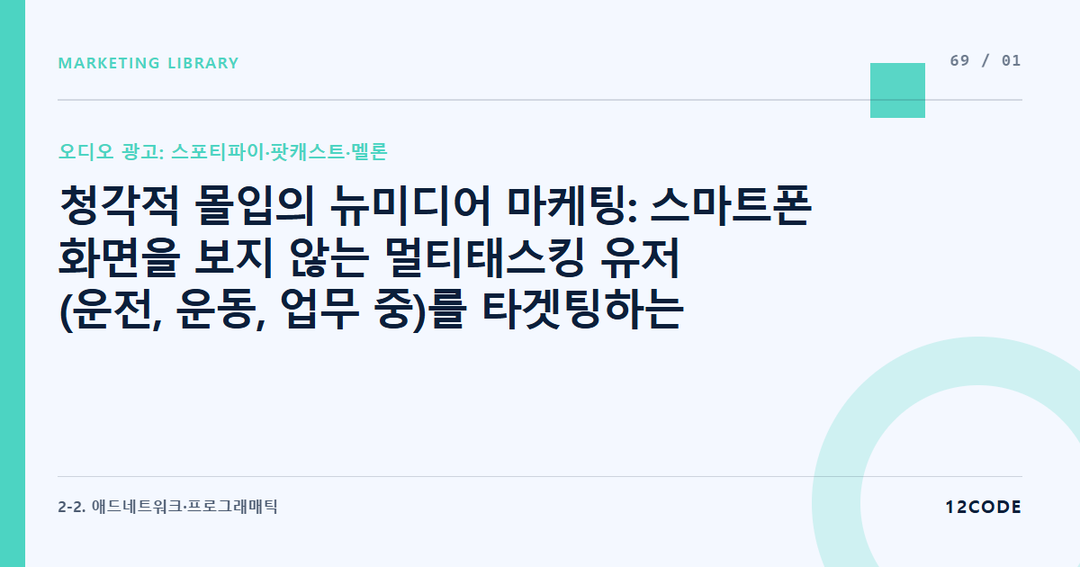 12code 라이브러리 아티클 표지. 청각적 몰입의 뉴미디어 마케팅: 스마트폰 화면을 보지 않는 멀티태스킹 유저(운전, 운동, 업무 중)를 타겟팅하는 오디오(Audio) 광고의 부활