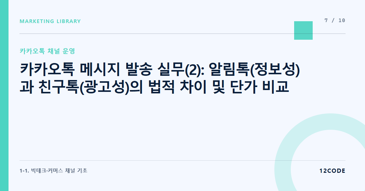 12code 라이브러리 아티클 표지. 카카오톡 메시지 발송 실무(2): 알림톡(정보성)과 친구톡(광고성)의 법적 차이 및 단가 비교